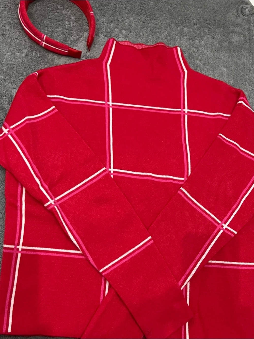 Tahari Red and White Knit Sweater with Matching Headband